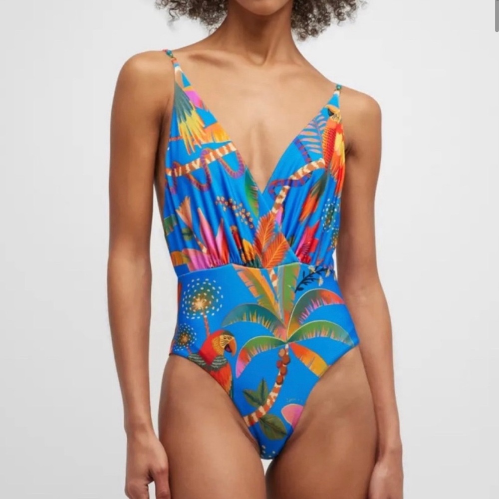 Farm Rio Macaw Party One-Piece Swimsuit size S Beaded Straps New with Tags - Picture 5 of 7